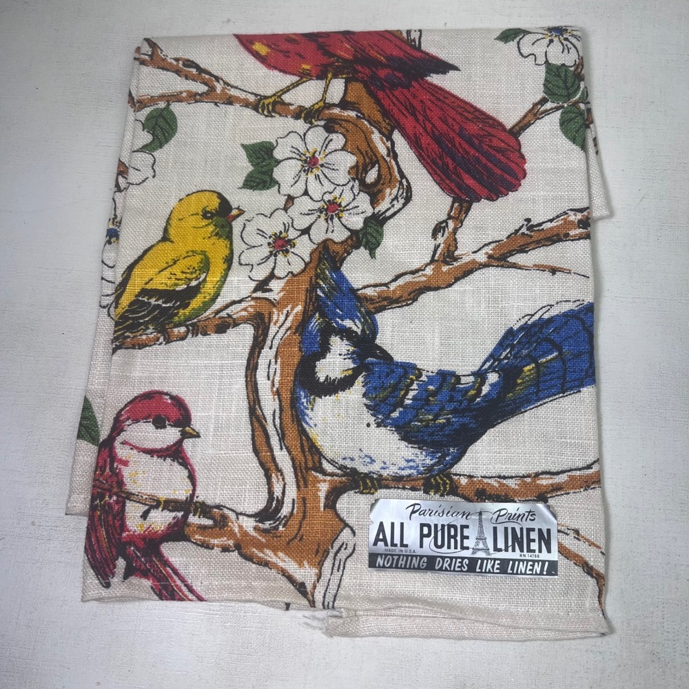 Parisian Prints Pure Linen Tea Towel Vintage Bird Songbird Floral Made in USA